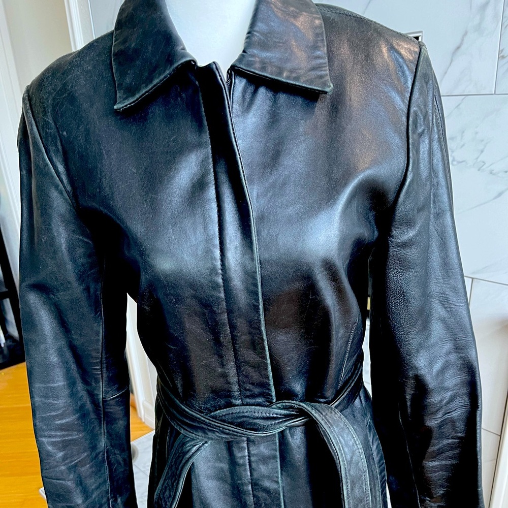 Black leather belted jacket